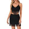 imageLYANER Womens Sexy 2 Piece Outfit Fringe Deep V Neck Sleeveless Cami and Short Skirt SetsBlack
