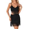imageLYANER Womens Sexy 2 Piece Outfit Fringe Deep V Neck Sleeveless Cami and Short Skirt SetsBlack
