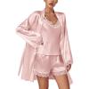 imageLYANER Womens 3pcs Sleepwear Silk Satin V Neck Lace Trim Cami Top and Shorts Pajama Set with RobePink