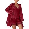 imageLYANER Womens 3pcs Sleepwear Silk Satin V Neck Lace Trim Cami Top and Shorts Pajama Set with RobeWine Red