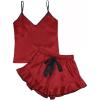 imageLYANER Womens Satin Silk 2pcs Set Pajamas V Neck Cami Top With Self Tie Shorts Pj Sst SleepwearRed