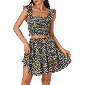 imageLYANER Womens 2 Piece Outfits Flora Print Smocked Cami Crop Top and Mini Skirt SetBlue