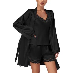 imageLYANER Womens 3pcs Sleepwear Silk Satin V Neck Lace Trim Cami Top and Shorts Pajama Set with RobeBlack