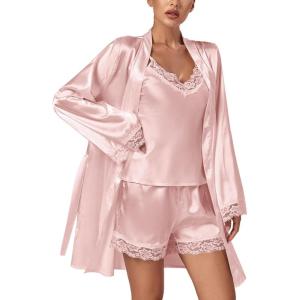 imageLYANER Womens 3pcs Sleepwear Silk Satin V Neck Lace Trim Cami Top and Shorts Pajama Set with RobePink