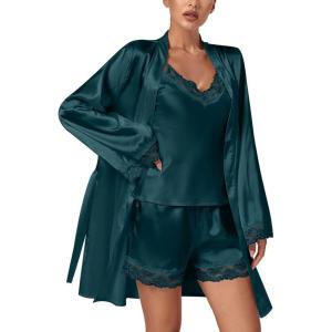 imageLYANER Womens 3pcs Sleepwear Silk Satin V Neck Lace Trim Cami Top and Shorts Pajama Set with RobeTeal Blue