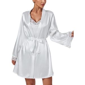 imageLYANER Womens 3pcs Sleepwear Silk Satin V Neck Lace Trim Cami Top and Shorts Pajama Set with RobeWhite