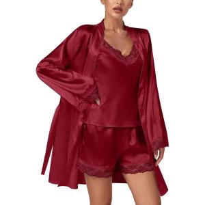 imageLYANER Womens 3pcs Sleepwear Silk Satin V Neck Lace Trim Cami Top and Shorts Pajama Set with RobeWine Red