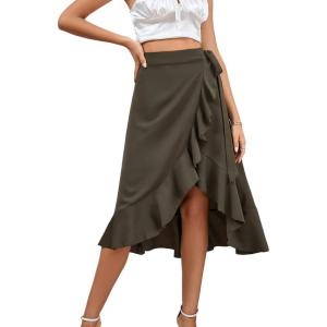 imageLYANER Womens Boho Floral Print Wrap Front Self Tie Knots Ruffle Hem Split Midi SkirtSolid Army Green