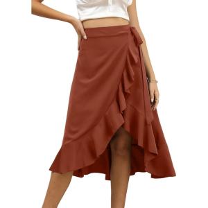 imageLYANER Womens Boho Floral Print Wrap Front Self Tie Knots Ruffle Hem Split Midi SkirtSolid Brown