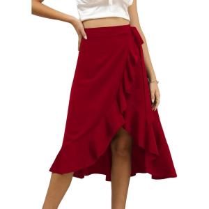 imageLYANER Womens Boho Floral Print Wrap Front Self Tie Knots Ruffle Hem Split Midi SkirtSolid Burgundy