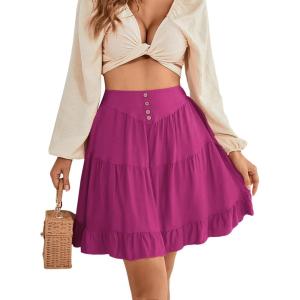 imageLYANER Womens Casual High Waist A Line Ruffle Hem Swing Skater Short Mini SkirtPurplish Red