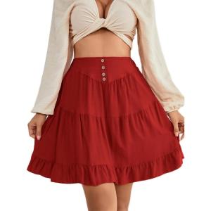 imageLYANER Womens Casual High Waist A Line Ruffle Hem Swing Skater Short Mini SkirtRed