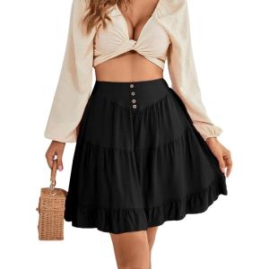 imageLYANER Womens Casual High Waist A Line Ruffle Hem Swing Skater Short Mini SkirtSolid Black