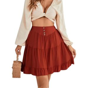 imageLYANER Womens Casual High Waist A Line Ruffle Hem Swing Skater Short Mini SkirtSolid Burnt Orange