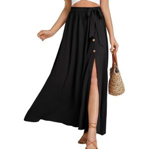 imageLYANER Womens Casual Tie Waist Button Front Split Skirts High Waist Swing Flowy Maxi SkirtBlack