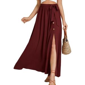 imageLYANER Womens Casual Tie Waist Button Front Split Skirts High Waist Swing Flowy Maxi SkirtBurgundy