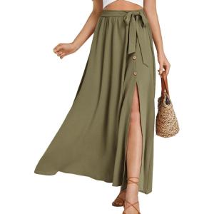 imageLYANER Womens Casual Tie Waist Button Front Split Skirts High Waist Swing Flowy Maxi SkirtDark Pea Green