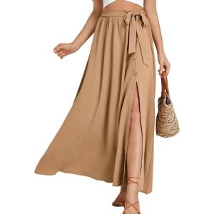 imageLYANER Womens Casual Tie Waist Button Front Split Skirts High Waist Swing Flowy Maxi SkirtKhaki