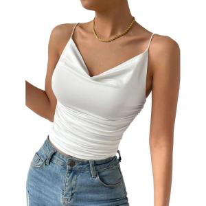 imageLYANER Womens Drape Cowl Neck Spaghetti Strap Crop Top Sleeveless Ruched Cami ShirtsWhite