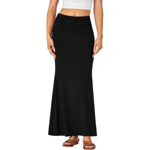 imageLYANER Womens Fold Over Waist Maxi Skirt Lightweight Floor Length Flared Long SkirtsBlack