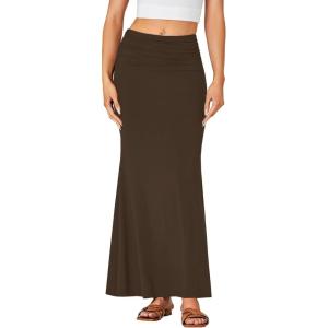 imageLYANER Womens Fold Over Waist Maxi Skirt Lightweight Floor Length Flared Long SkirtsBrown
