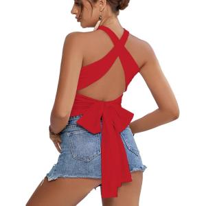 imageLYANER Womens Halter Criss Coss Backless Self Tie Back Sleeveless Blouse Shirt Cami TopRed