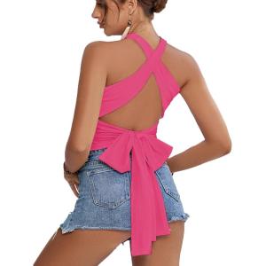 imageLYANER Womens Halter Criss Coss Backless Self Tie Back Sleeveless Blouse Shirt Cami TopRose