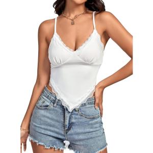 imageLYANER Womens Lace Trim V Neck Spaghetti Straps Sleeveless Fitted Cami TopWhite