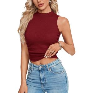 imageLYANER Womens Mock Neck Ribbed Knit Sleeveless Slim Fitted Solid Cami Crop Top Burgundy Large