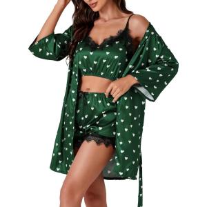 imageLYANER Womens Satin Polka Dots Pajama Set 3pcs Lace Cami Lingerie Sleepwear with RobeDark Green