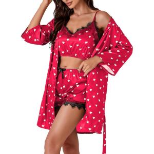 imageLYANER Womens Satin Polka Dots Pajama Set 3pcs Lace Cami Lingerie Sleepwear with RobeRed