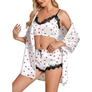 imageLYANER Womens Satin Polka Dots Pajama Set 3pcs Lace Cami Lingerie Sleepwear with RobeWhite