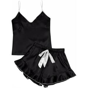 imageLYANER Womens Satin Silk 2pcs Set Pajamas V Neck Cami Top With Self Tie Shorts Pj Sst SleepwearBlack