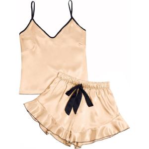 imageLYANER Womens Satin Silk 2pcs Set Pajamas V Neck Cami Top With Self Tie Shorts Pj Sst SleepwearChampagne
