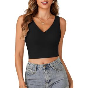 imageLYANER Womens Summer V Neck Sleeveless Slim Fitted Solid Cami Tank Crop TopBlack