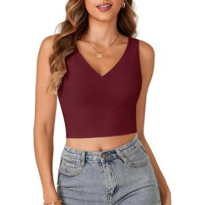 imageLYANER Womens Summer V Neck Sleeveless Slim Fitted Solid Cami Tank Crop TopBurgundy