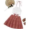 imageLYANER Womens 2 Piece Outfits Summer Lace Halter Cami Crop Top with Floral Mini Skirt SetCoral Red