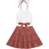 imageLYANER Womens 2 Piece Outfits Summer Lace Halter Cami Crop Top with Floral Mini Skirt SetCoral Red