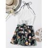 imageLYANER Womens 2 Piece Outfits Summer Lace Halter Cami Crop Top with Floral Mini Skirt SetGreen2