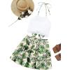 imageLYANER Womens 2 Piece Outfits Summer Lace Halter Cami Crop Top with Floral Mini Skirt SetLight Green