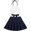 imageLYANER Womens 2 Piece Outfits Summer Lace Halter Cami Crop Top with Floral Mini Skirt SetNavy Blue
