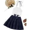imageLYANER Womens 2 Piece Outfits Summer Lace Halter Cami Crop Top with Floral Mini Skirt SetNavy Blue