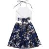 imageLYANER Womens 2 Piece Outfits Summer Lace Halter Cami Crop Top with Floral Mini Skirt SetNavy2