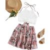 imageLYANER Womens 2 Piece Outfits Summer Lace Halter Cami Crop Top with Floral Mini Skirt SetPink