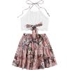 imageLYANER Womens 2 Piece Outfits Summer Lace Halter Cami Crop Top with Floral Mini Skirt SetPink