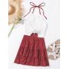 imageLYANER Womens 2 Piece Outfits Summer Lace Halter Cami Crop Top with Floral Mini Skirt SetRed
