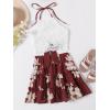 imageLYANER Womens 2 Piece Outfits Summer Lace Halter Cami Crop Top with Floral Mini Skirt SetRed2