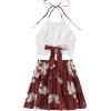 imageLYANER Womens 2 Piece Outfits Summer Lace Halter Cami Crop Top with Floral Mini Skirt SetRed2