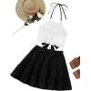 imageLYANER Womens 2 Piece Outfits Summer Lace Halter Cami Crop Top with Floral Mini Skirt SetSolid Black