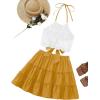 imageLYANER Womens 2 Piece Outfits Summer Lace Halter Cami Crop Top with Floral Mini Skirt SetSolid Yellow
